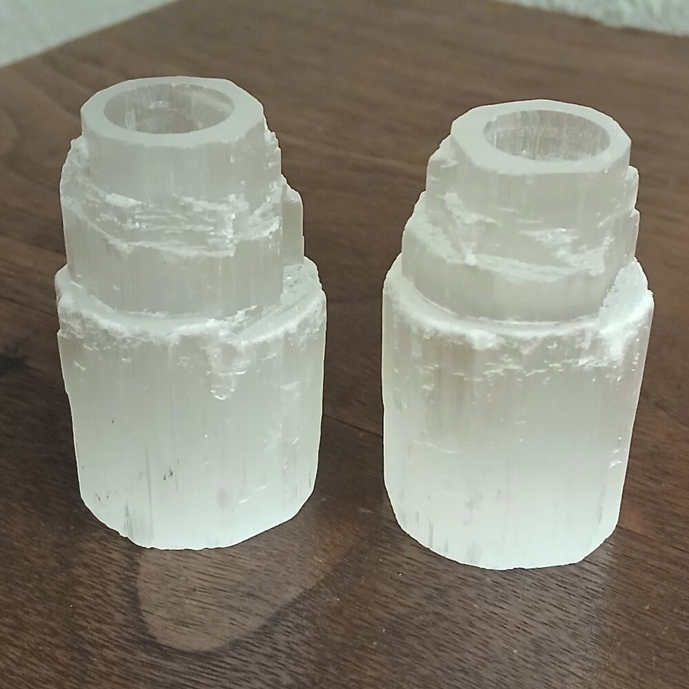 2 selenite candle holders 2 3/4 inches tall